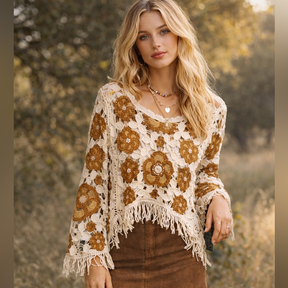 Boho Crochet Scoop Neck Sweater — Cream with Mustard Floral